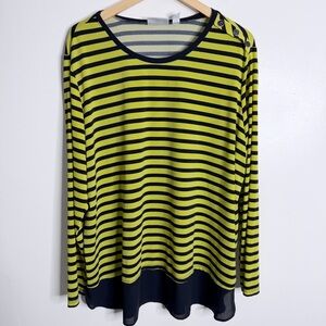 Susan Graver Green & Black Stripe Tunic‎ 2X Shoulder Button Detail long Sleeves